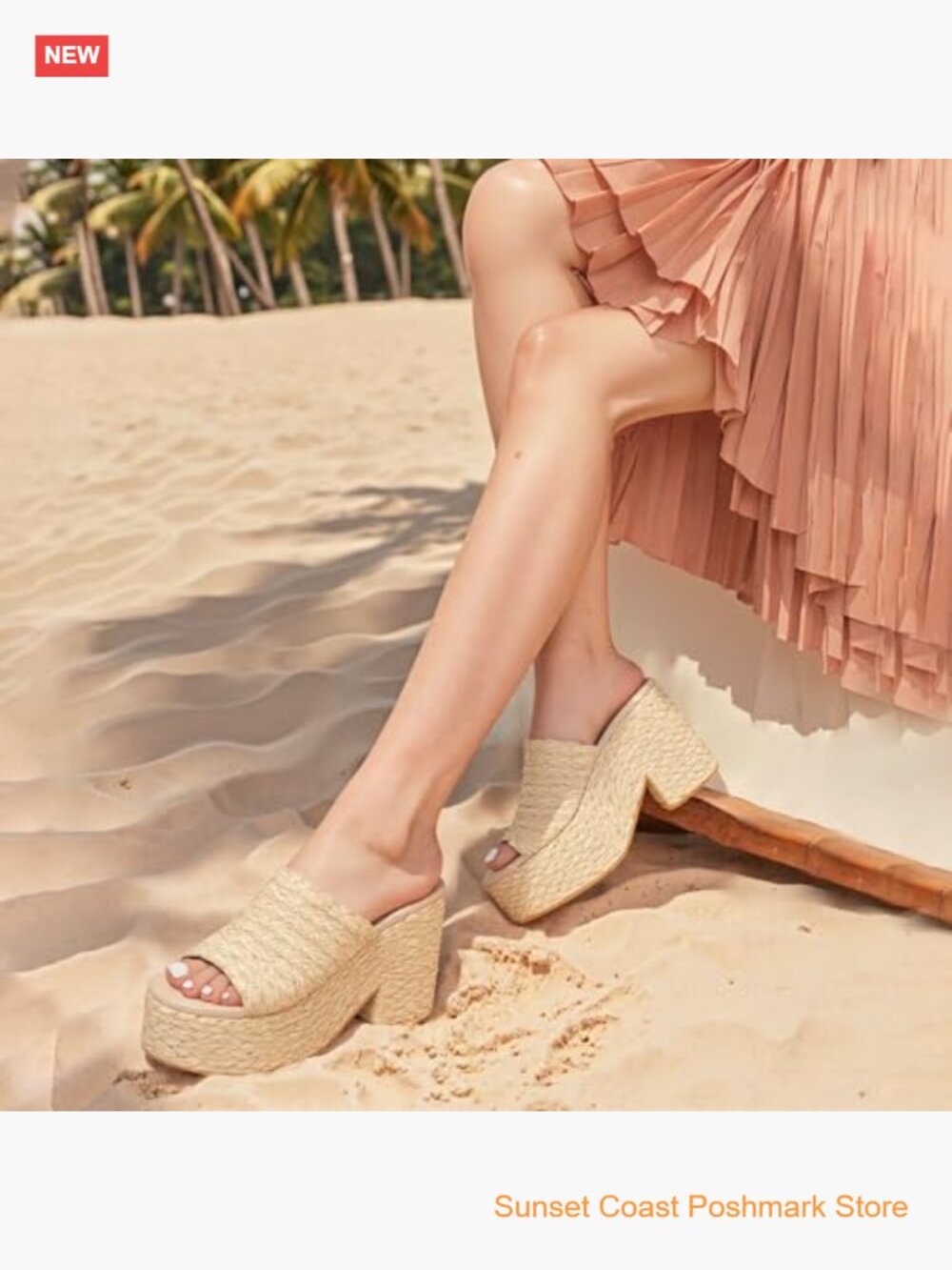 Platform Wedge Sandals Raffia Woven Slides Chunky Heel Open Toe - Picture 4 of 7
